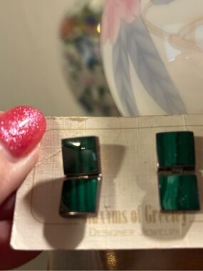 Green Malachite Double Square silver Stud Earrings